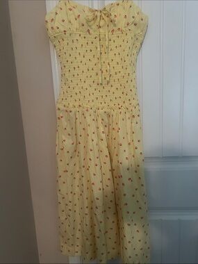 Free People lavender dazeYellow Strawberry-Lemon combo Print smocked Midi Dress